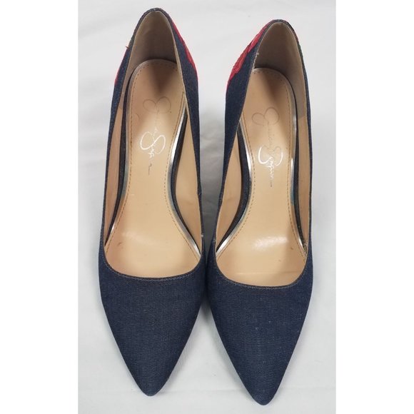 Jessica Simpson Women's Sz. 7.5  Lannah Chambray Floral Embroidered Block Heels - Picture 3 of 8